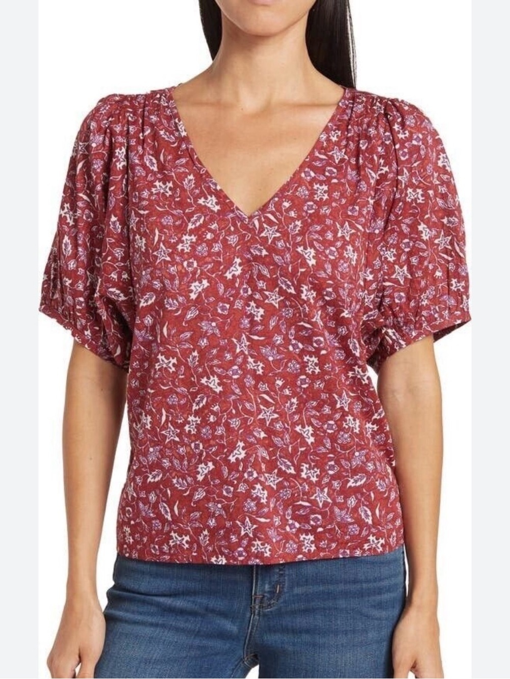 Madewell Baltik Wine Weathered Brick Floral V Neck Puff-Sleeve Top M